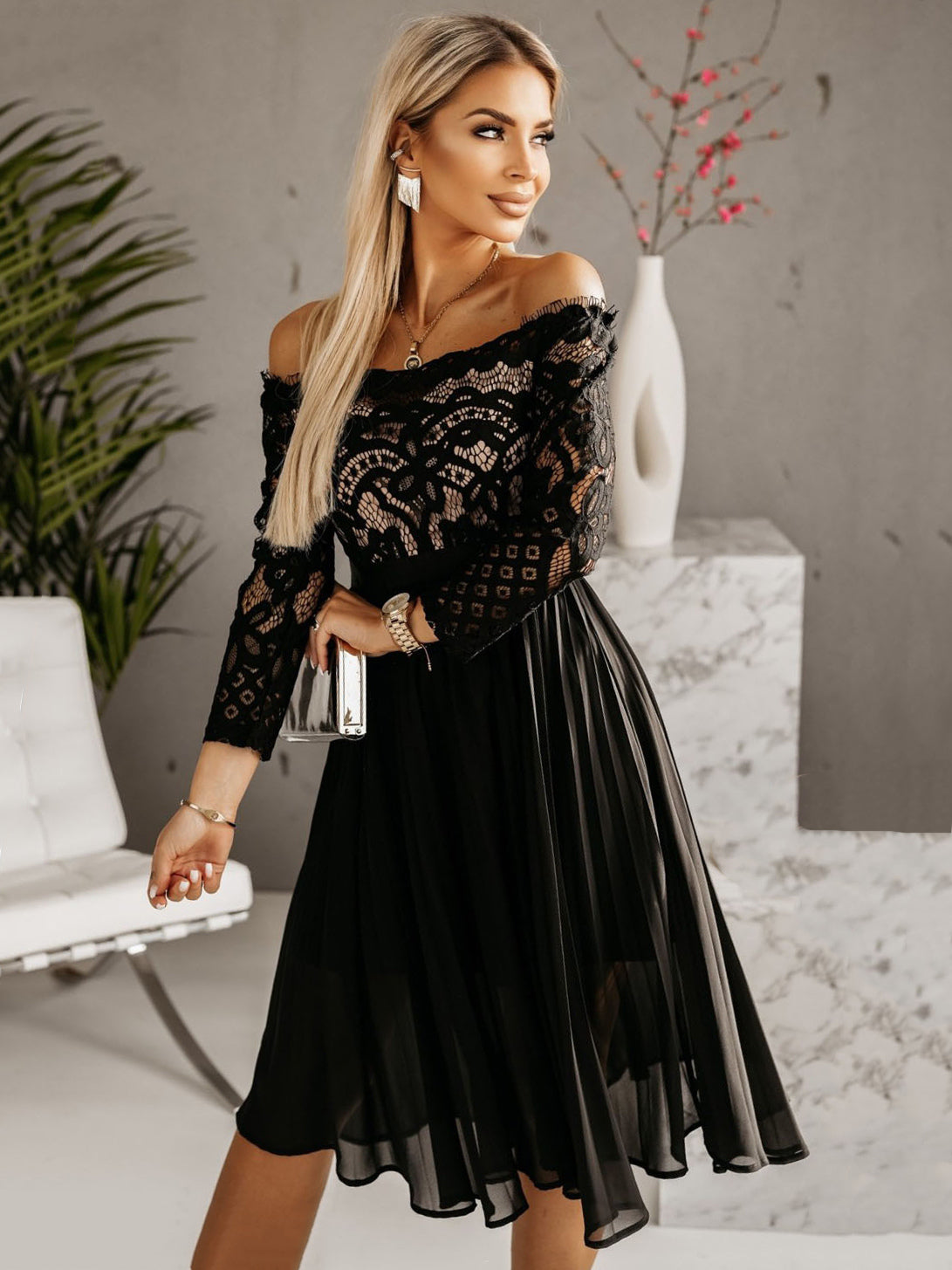 Party Dresses Black Long Sleeves Lace Midi Dress