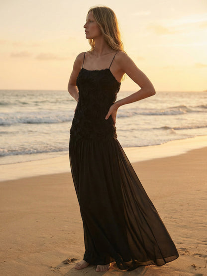 3D Floral Cami Maxi Dress for Women - Boho Rosette Bodice Flowy Spaghetti Strap Gown - Summer Beach Resort 2026
