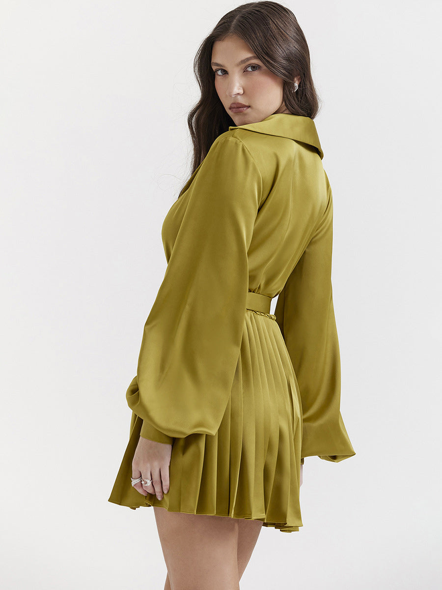 Shirt Dresses Olive V-Neck Pleated Long Sleeves Satin Fabric Mini Dresses Dresses