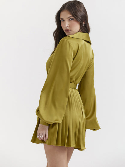 Shirt Dresses Olive V-Neck Pleated Long Sleeves Satin Fabric Mini Dresses Dresses