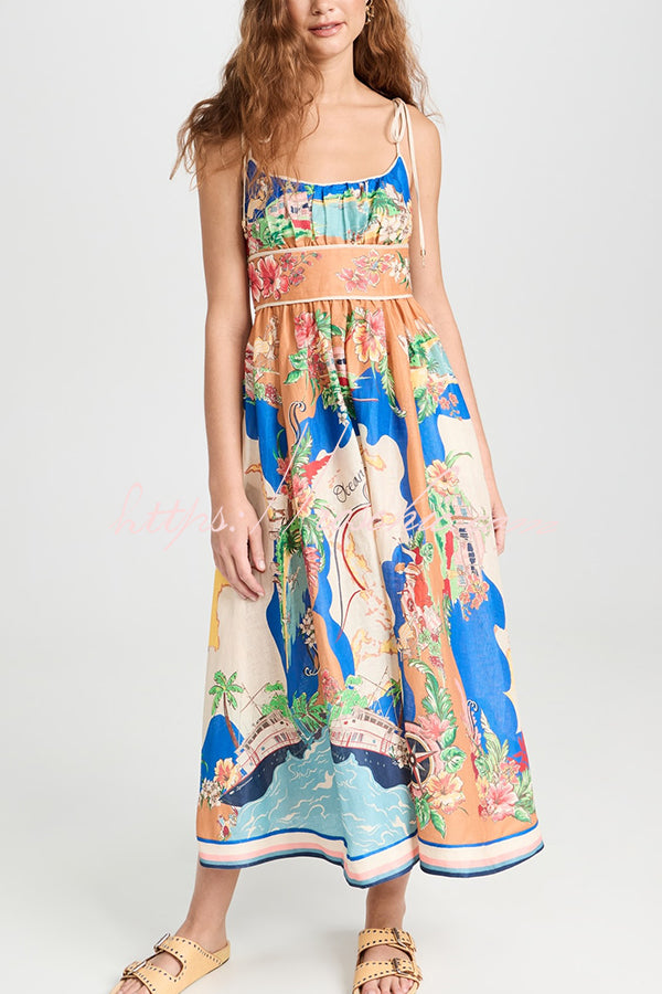 Unique Printed Lace-up Suspender Pockets Casual Resort Style Midi Dress