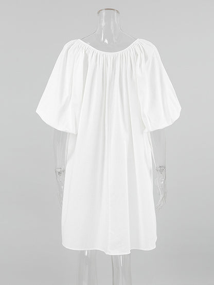 Loose Puff Sleeves Lace-Up Pleated See-Through Solid Color V-Neck Mini Dresses Sleep Dress