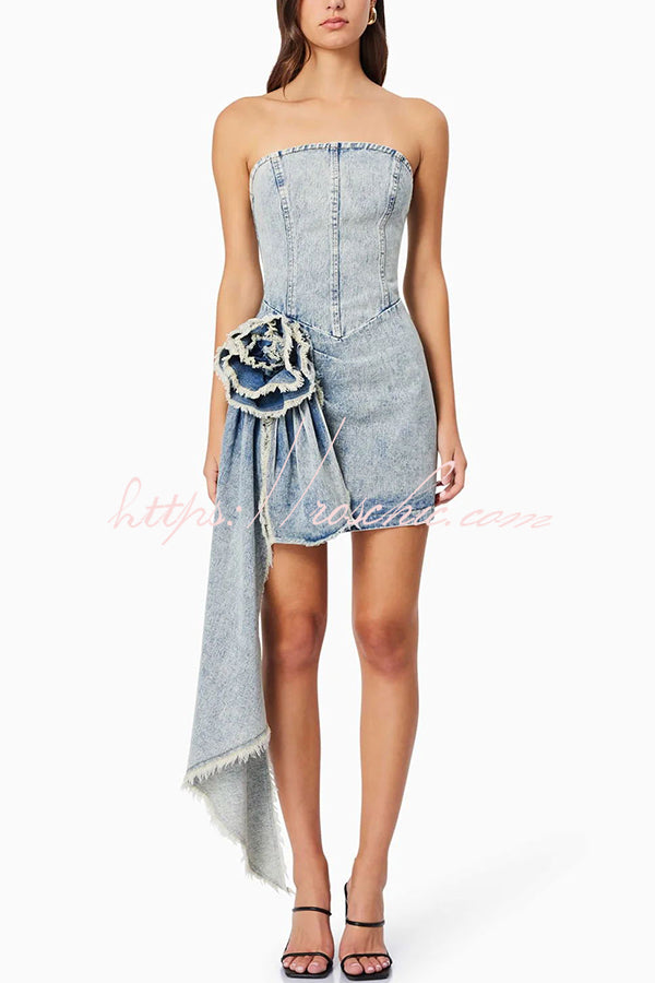 Giselle Washed Denim Floral Ruffle Pendant Strapless Stretch Mini Dress