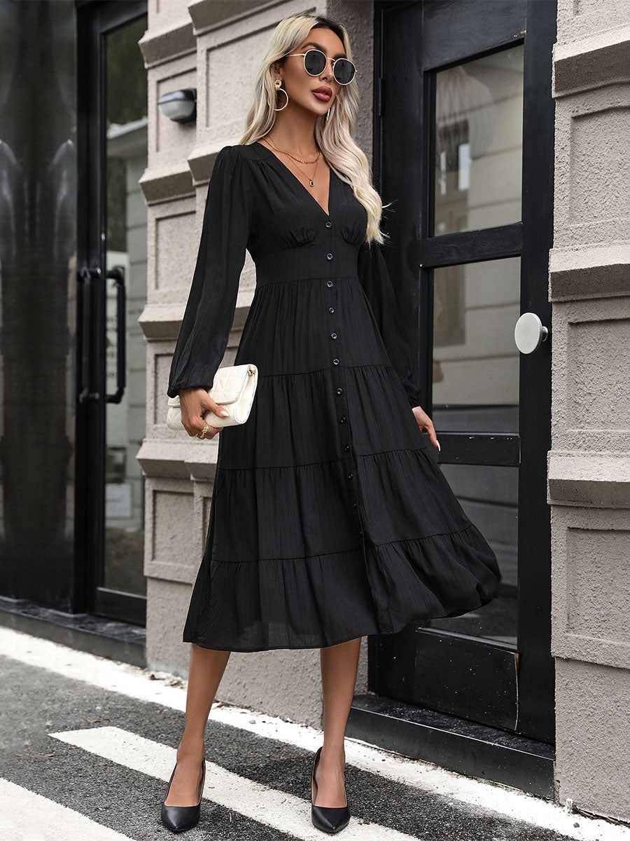 Layered Midi Dress V-Neck Long Sleeves Button Front Day Dresses In Black