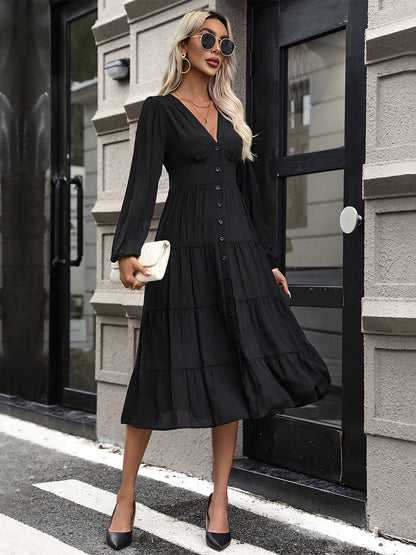 Layered Midi Dress V-Neck Long Sleeves Button Front Day Dresses In Black