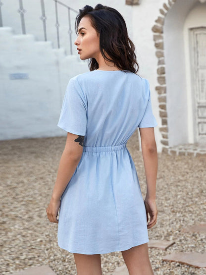 Baby Blue Dress Knotted Cutout Short Sleeves Mini Dresses