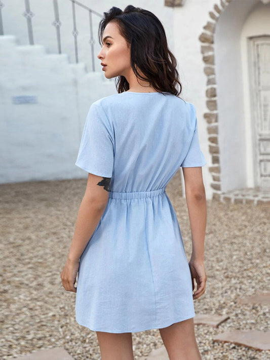 Baby Blue Dress Knotted Cutout Short Sleeves Mini Dresses