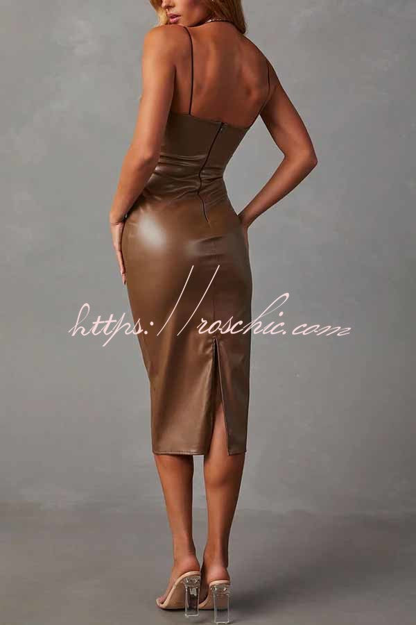 Dramatic Moments Faux Leather Slit Midi Dress