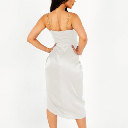 Backless Dress Sexy Autumn Satin Split Midi Dress Suspender Dress