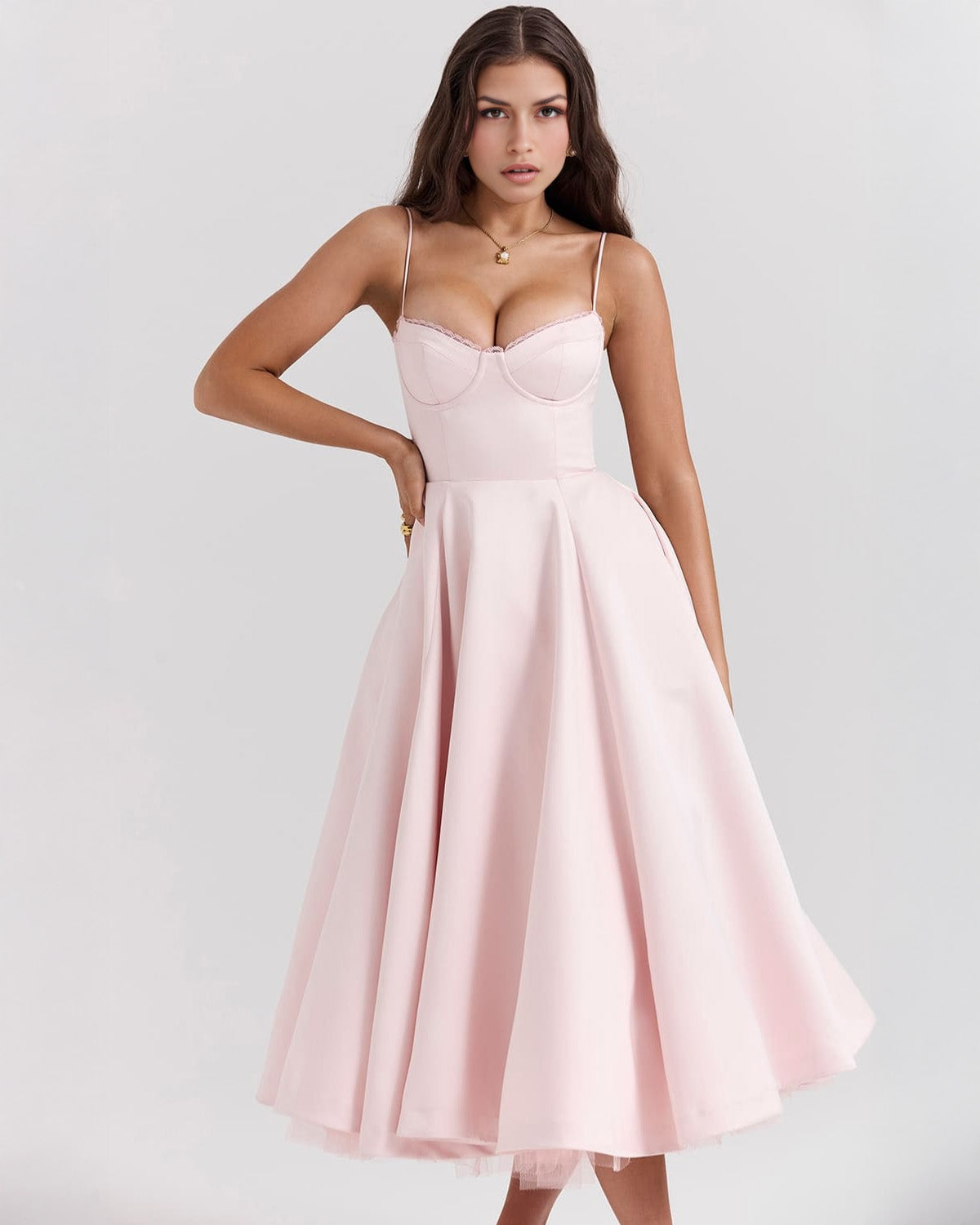 Sweetheart Spaghetti Strap Lace Trim Corset Bodice Fit and Flare Midi Dress