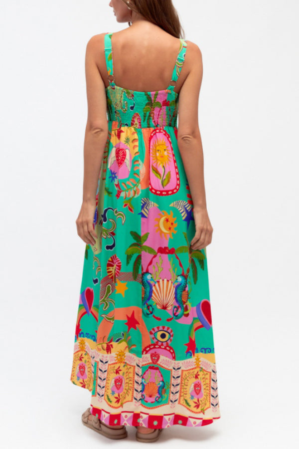 Unique Print Square Neck Spaghetti Strap Back Pleated Casual Maxi Dress