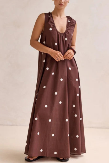 Striped Polka Dot Print Loose Sleeveless Casual Vacation Maxi Dress