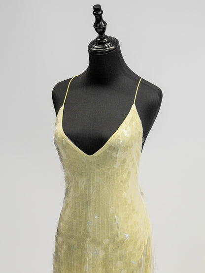 Sequin Sheer Maxi Slip Dress for Women - Butter Yellow Boho Backless V Neck Mermaid Cut Evening Gown - Summer Beach 2026