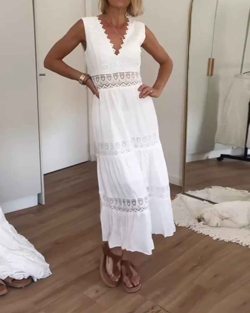 Crochet Lace Trim Deep V-Neck Wide Strap Tiered Ruffle Midi Dress