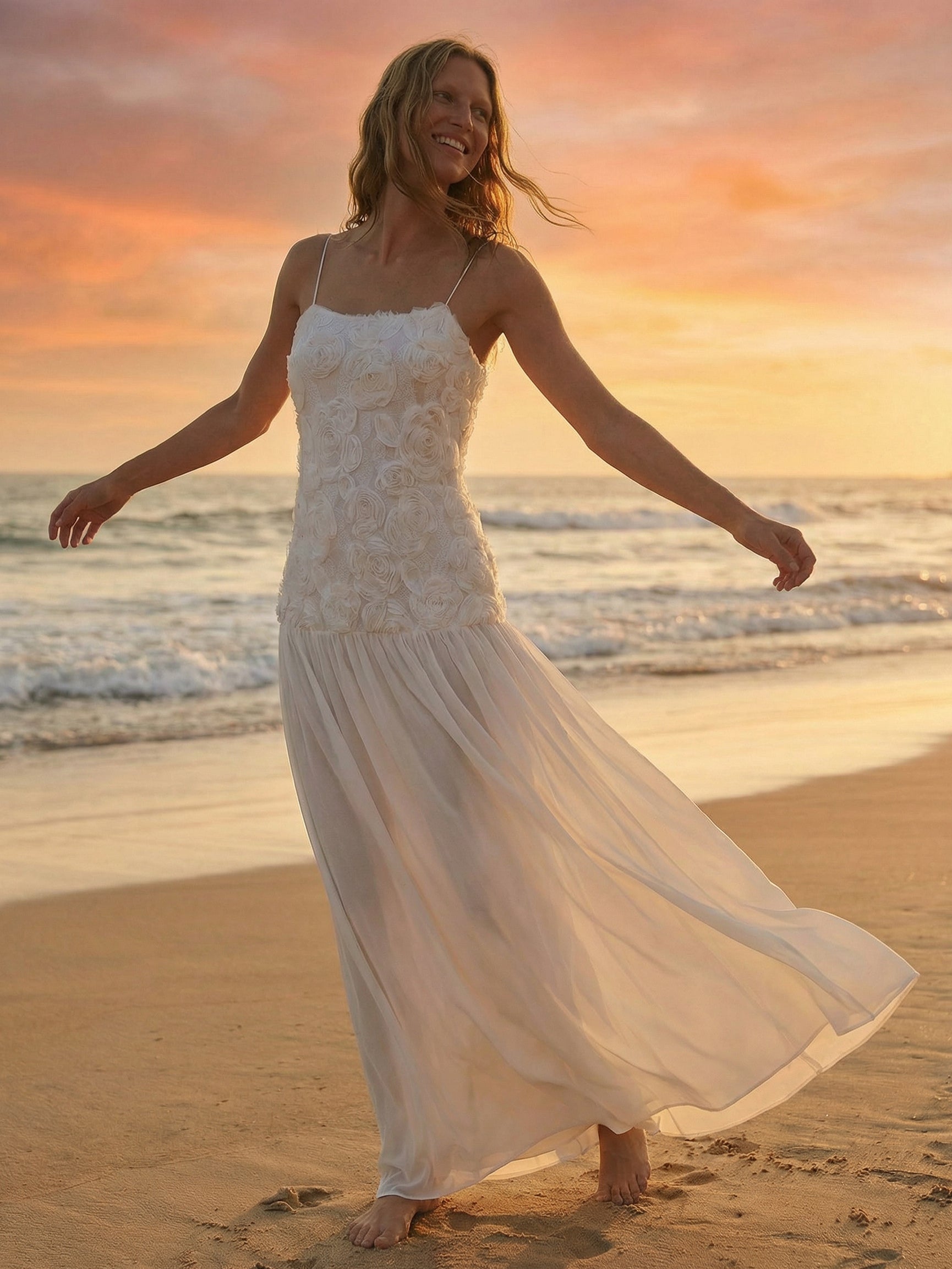 3D Floral Cami Maxi Dress for Women - Boho Rosette Bodice Flowy Spaghetti Strap Gown - Summer Beach Resort 2026