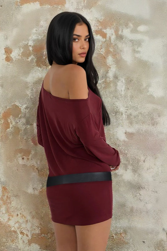 One Shoulder Long Sleeve Wide Buckle Belted Bodycon Mini Dress