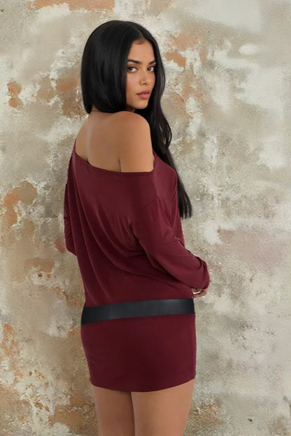 One Shoulder Long Sleeve Wide Buckle Belted Bodycon Mini Dress