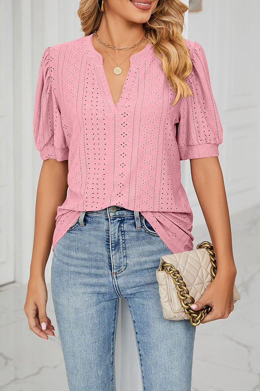 Casual v-neck solid color hollow puff sleeve loose t-shirt top women