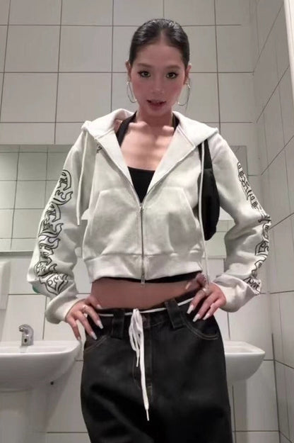 Gothic Letter Print Cropped Hoodie