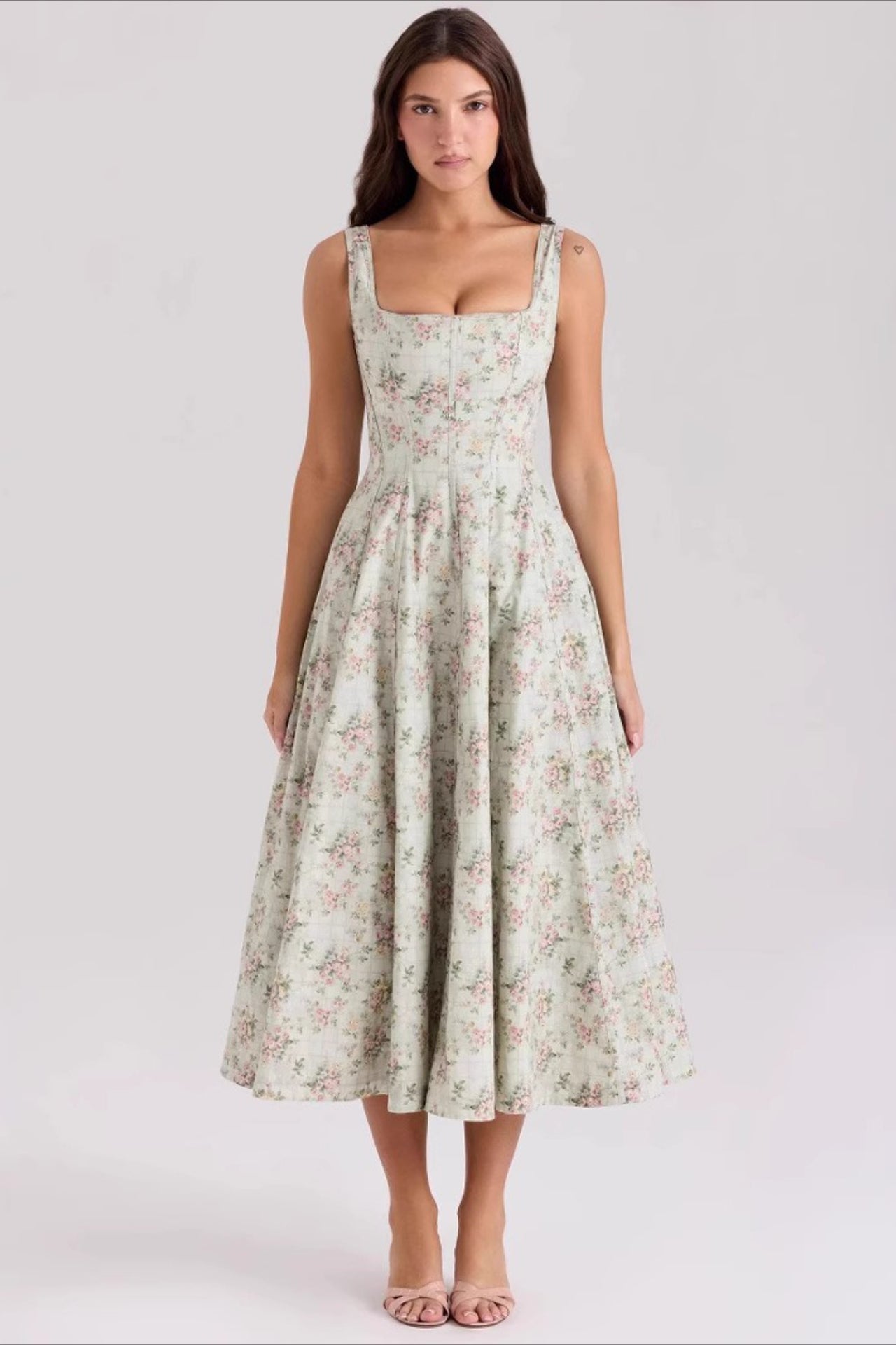 Square Neck Corset Bodice Floral Print Pocket Midi Dress