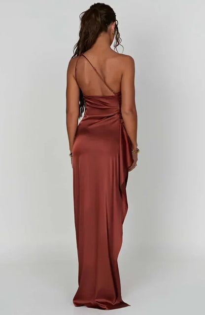 One Shoulder Ruched Satin High Slit Floor Length Maxi Gown