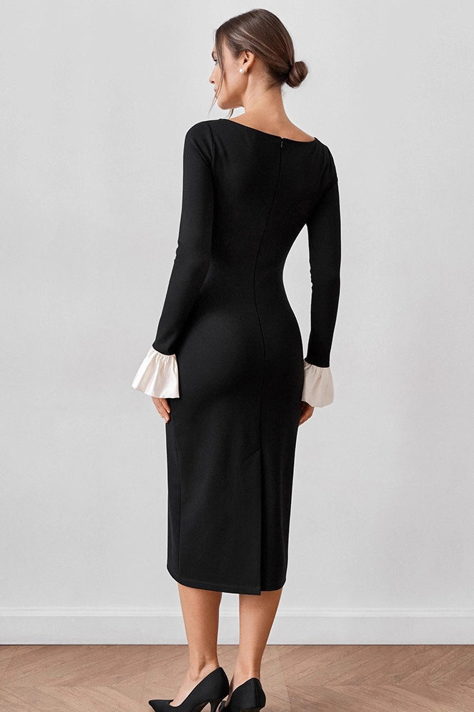 Scoop Neck Long Sleeve Flared Contrast Cuff Bodycon Midi Dress