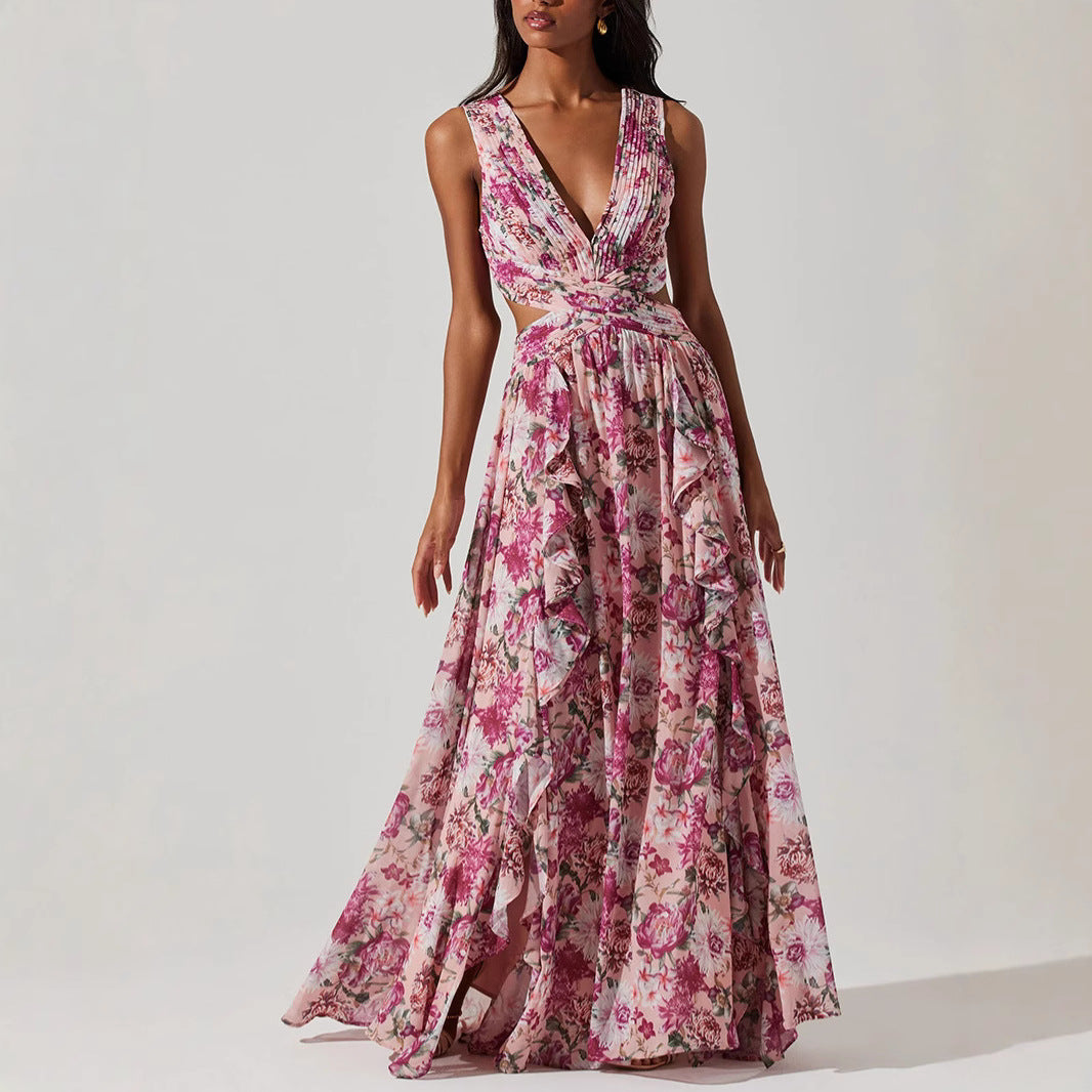 Sweet Floral Tiered Maxi Dress with Side Slit – French Style