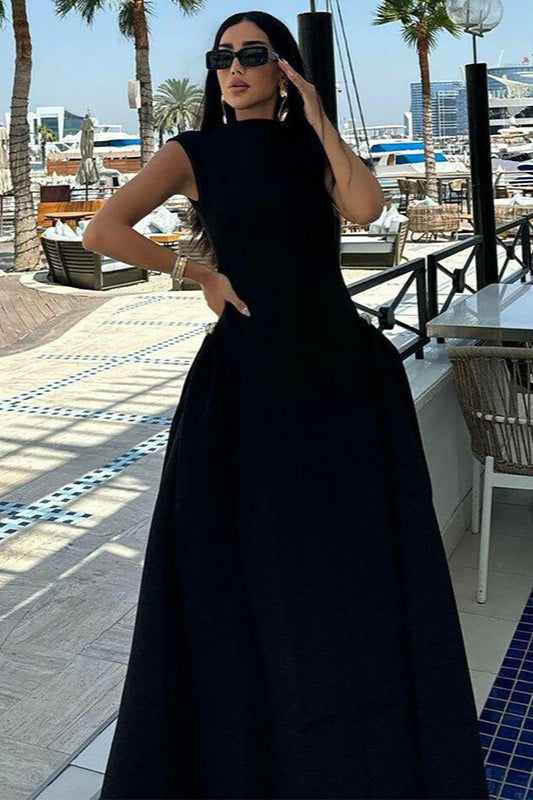 | Solid Sleeveless Ruched Waist Dress