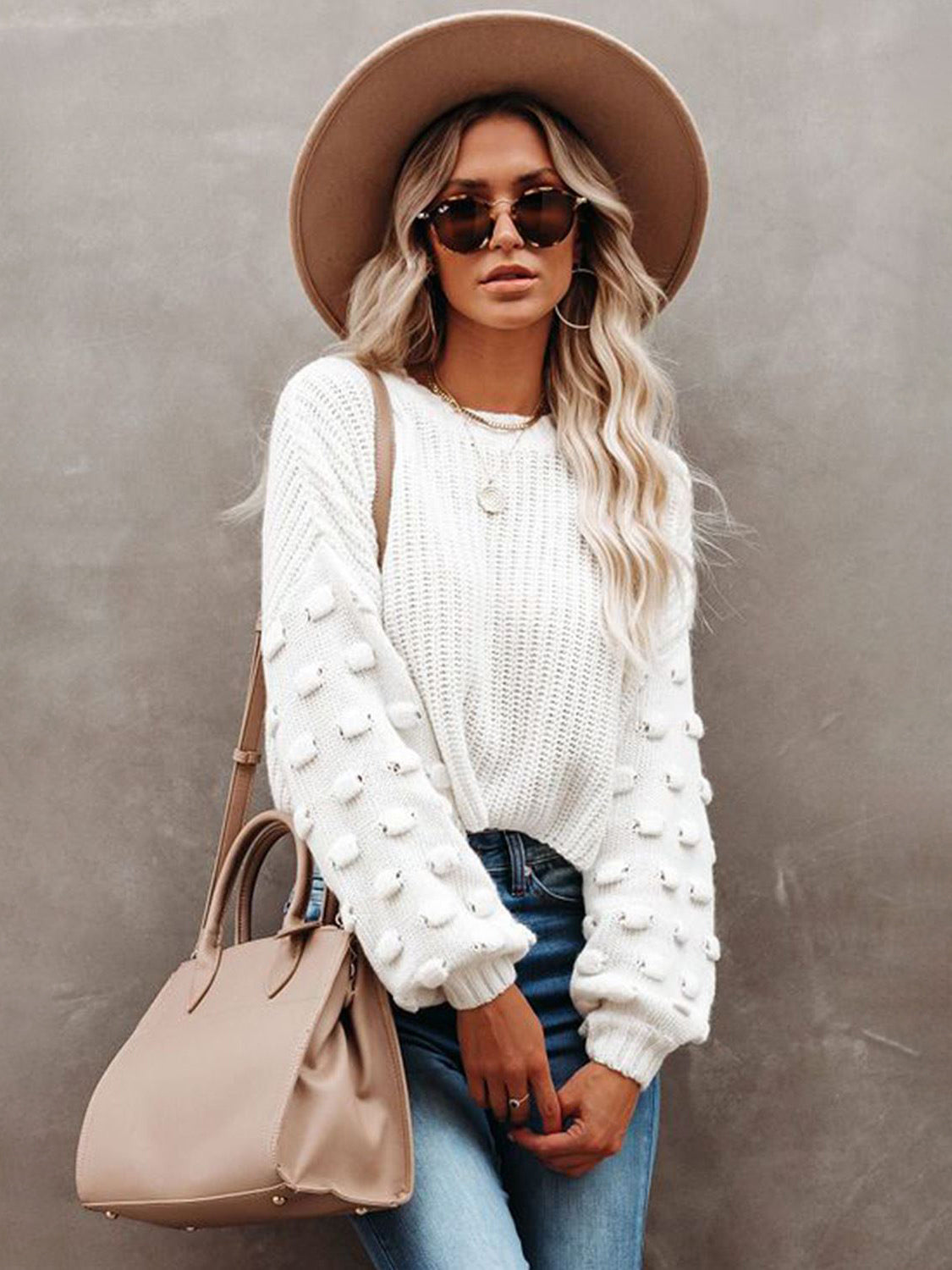 Solid Color Knit Pullover Sweater With Bubble Sleeve For Women 2026