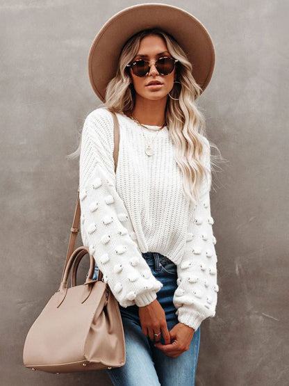 Solid Color Knit Pullover Sweater With Bubble Sleeve For Women 2026