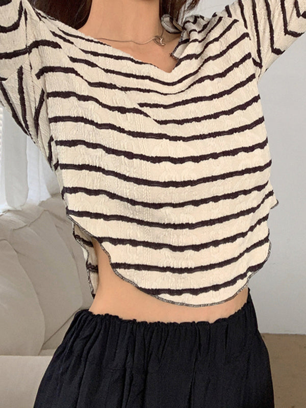Textured Stripe V Neck Irregular Hem Long Sleeve Tee