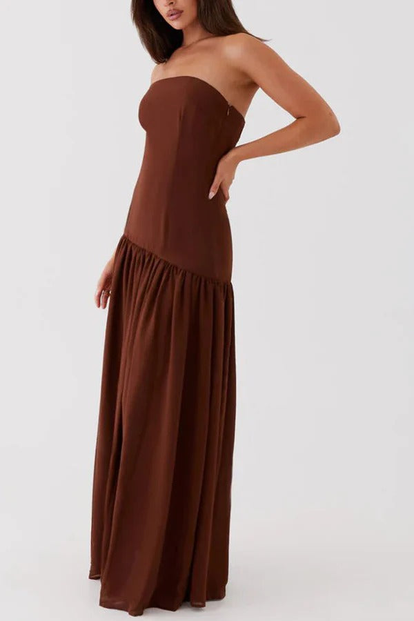 Strapless Bandeau Drop-Waist Gathered Chiffon High-Slit Maxi Gown