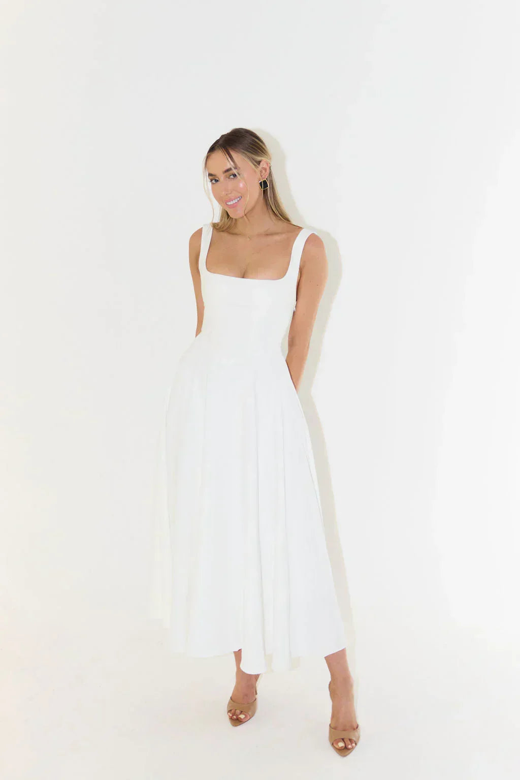 Square Neck Wide Strap Fit and Flare Pleated Tea Length Midi Dress