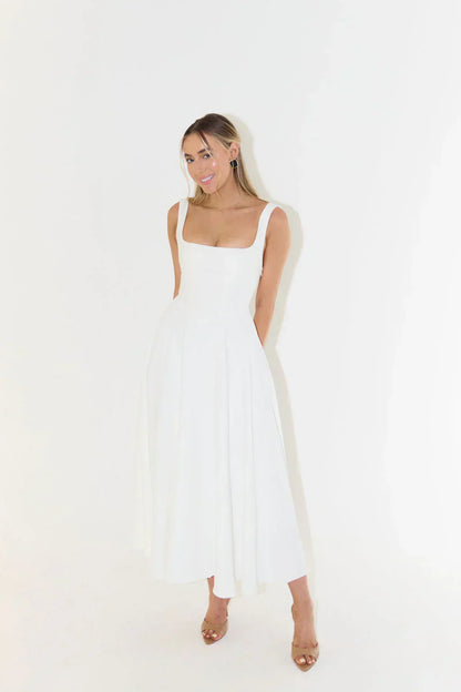 Square Neck Wide Strap Fit and Flare Pleated Tea Length Midi Dress