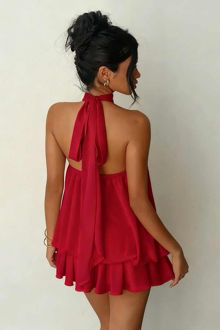 Pleated Halter Neck Tiered Ruffle Chiffon Trapeze Mini Dress
