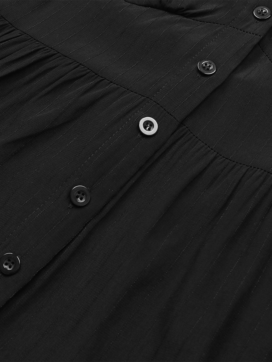 Layered Midi Dress V-Neck Long Sleeves Button Front Day Dresses In Black