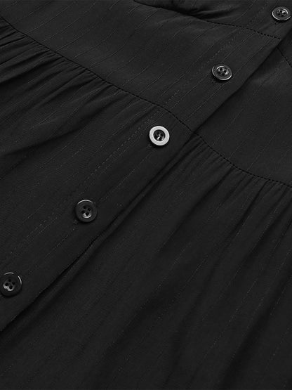Layered Midi Dress V-Neck Long Sleeves Button Front Day Dresses In Black