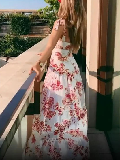 Maxi Dresses Sleeveless Red Floral Print Straps Neck Ruffles Layered Chiffon Long Dress