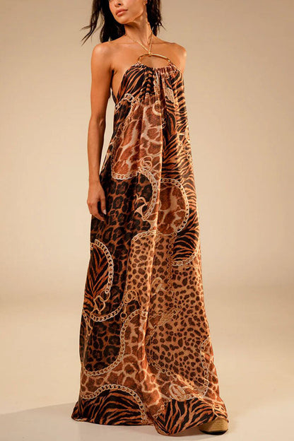 Savana Animal Paisley Print Metal Ring Halter Backless Vacation Maxi Dress