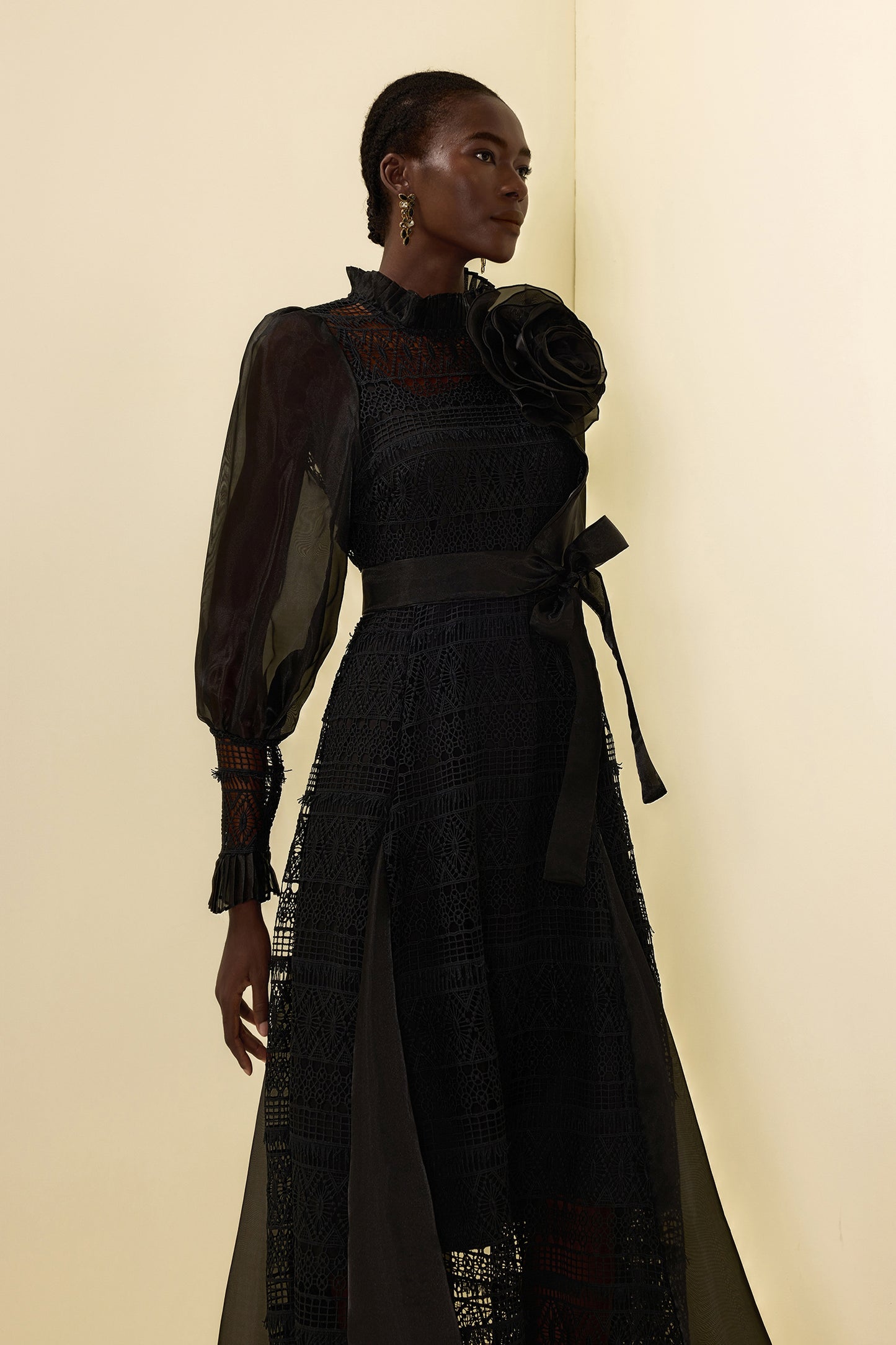 3D Flower Lace Puff Sleeve Midi Dress Black