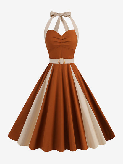Retro Dress Halter Pleated Ring Detail Two-Tone A-Line Midi Dress