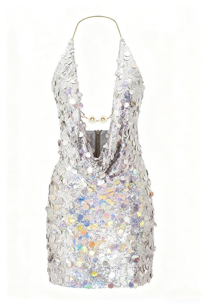 Sexy Halter Neck Sequined Open Back Mini Dress