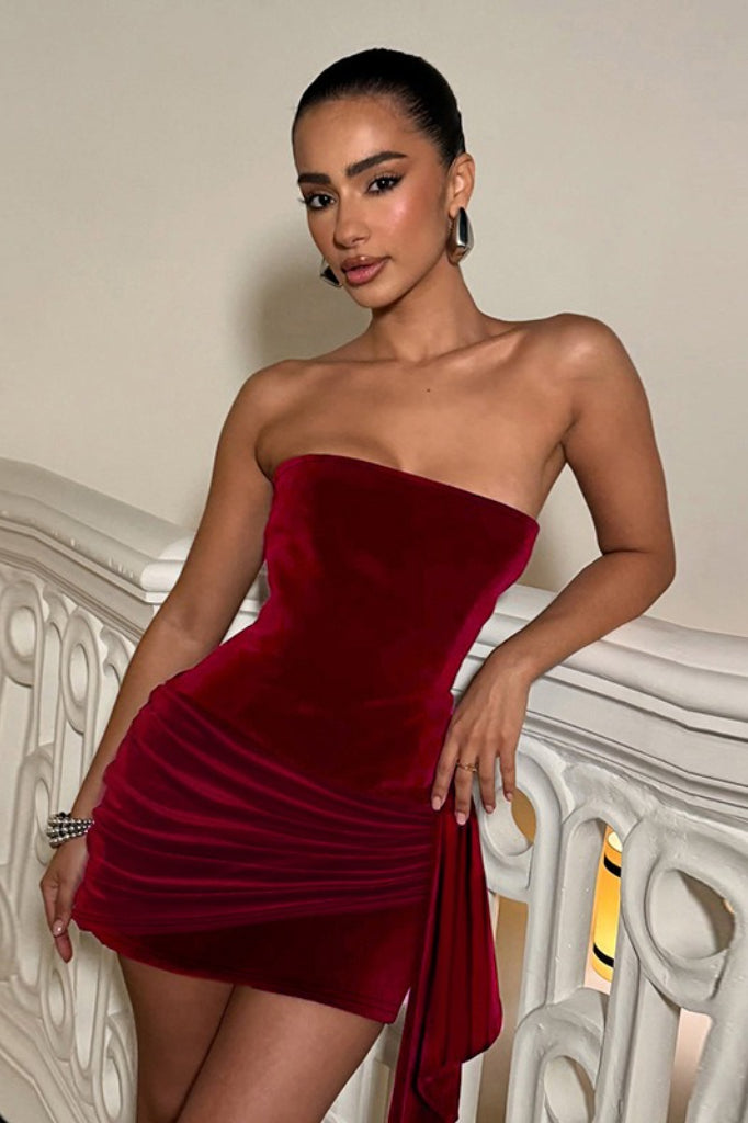 Strapless Velvet Ruched Side Drape Panel Mini Dress