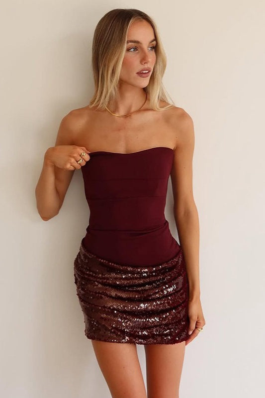 Strapless Bustier Bodice Sequin Skirt Bodycon Mini Dress