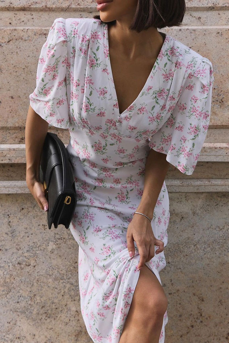 Ditsy Floral Deep V Button Placket Butterfly Sleeve Empire Waist Maxi Dress