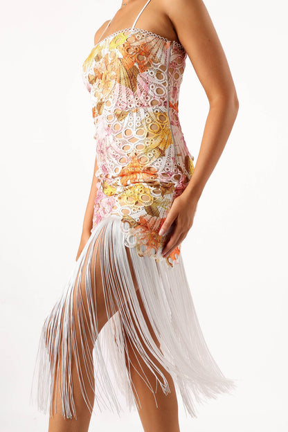 Floral Lace Tassel Sleeveless Midi Dress