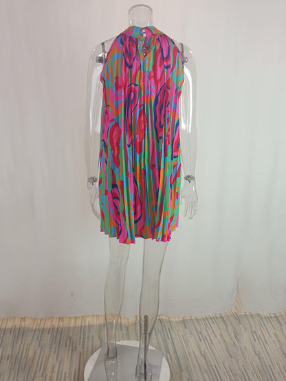 Loose Plus Size Pleated Printed Halter-Neck Mini Dresses Short Dresses