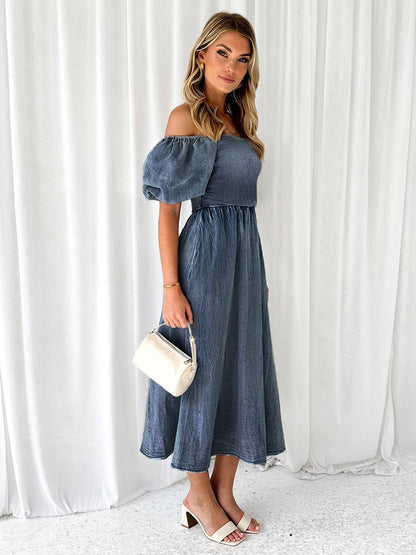 Blue Long Dress Off The Shoulder Pleated Daily Midi Dresses