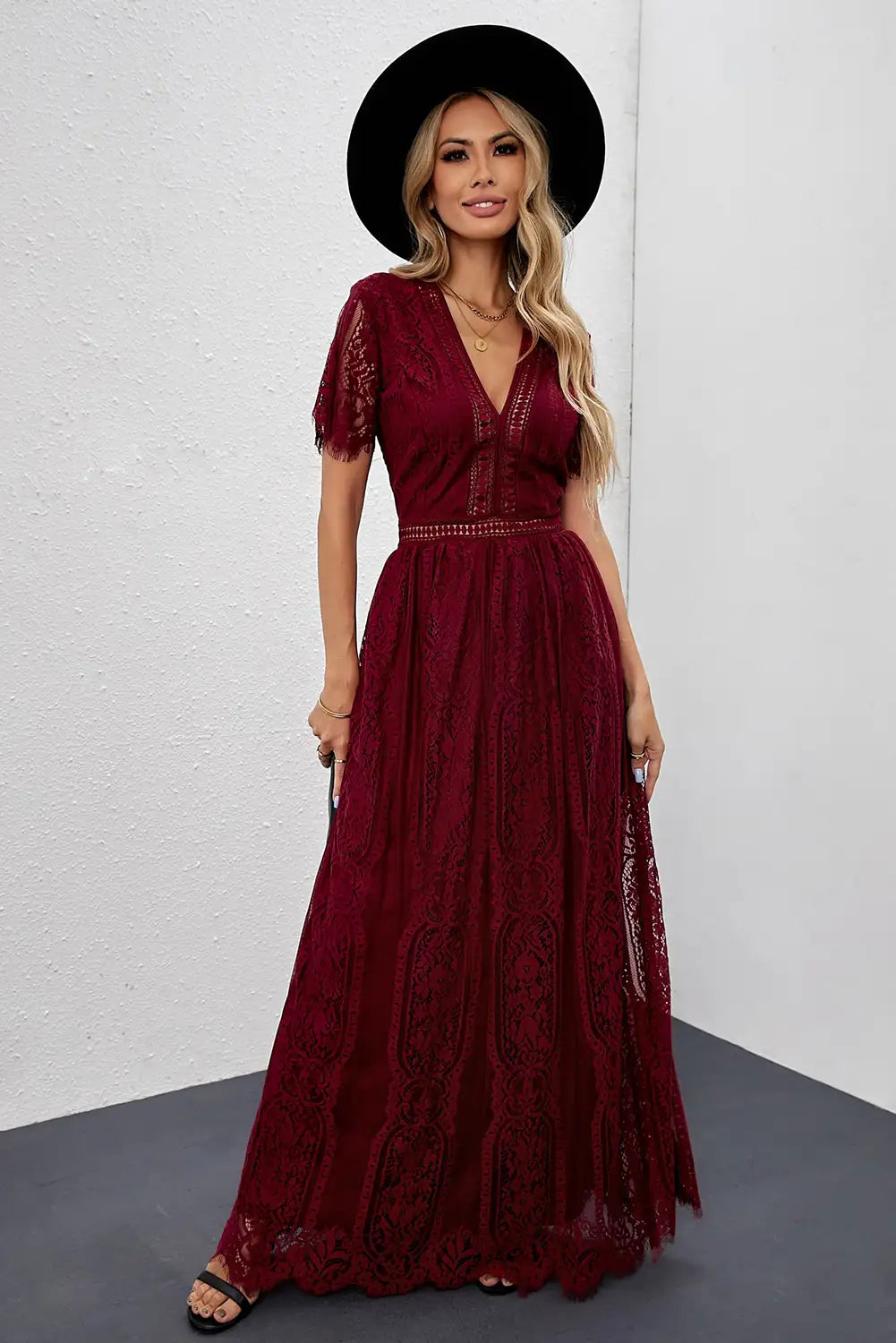 fiery red lace maxi dress