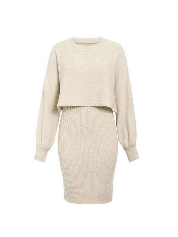 Long Sleeves Solid Color Round-Neck Sweater Top + Inner Dress Two Pieces Set